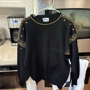 Vintage Black Ski Sweater with Gold Embellishments- Meister 30% Wool